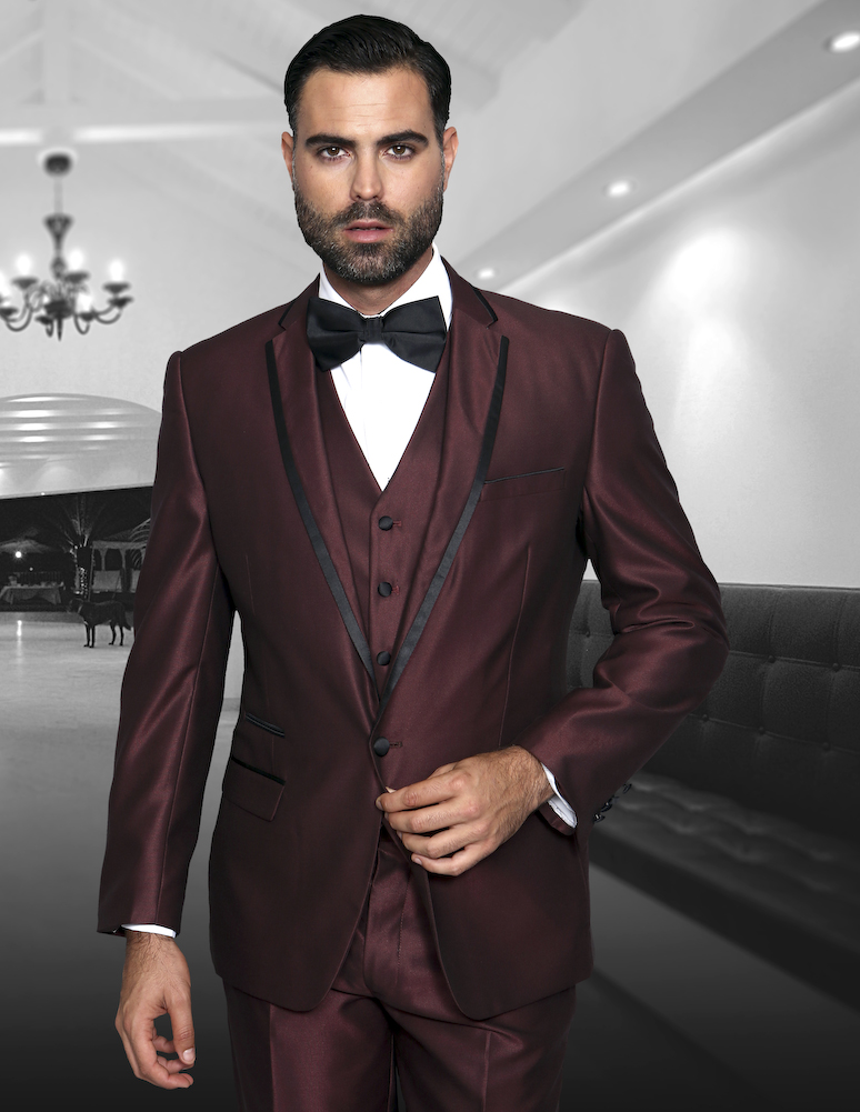 STATEMENT PEAK LAPEL BURGUNDY 3PC TAILORED FIT TUXEDO SUIT WITH FLAT ...